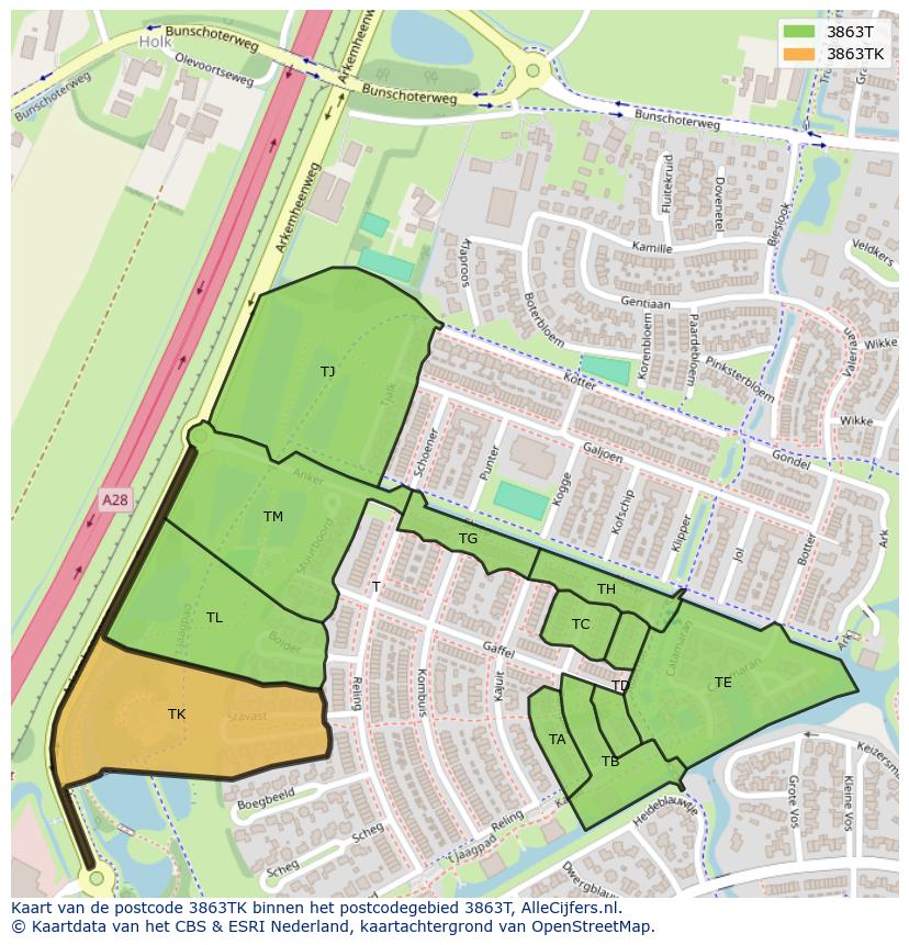 Afbeelding van het postcodegebied 3863 TK op de kaart.