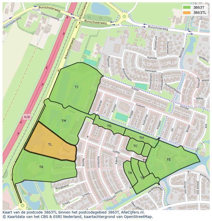 Afbeelding van het postcodegebied 3863 TL op de kaart.
