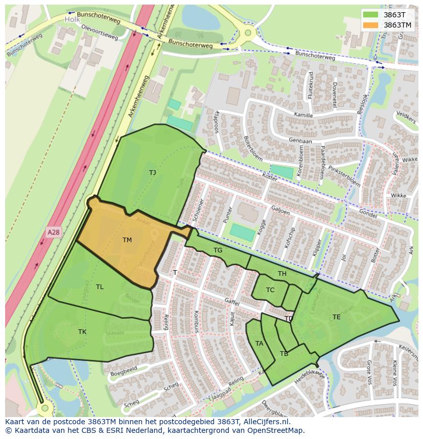 Afbeelding van het postcodegebied 3863 TM op de kaart.