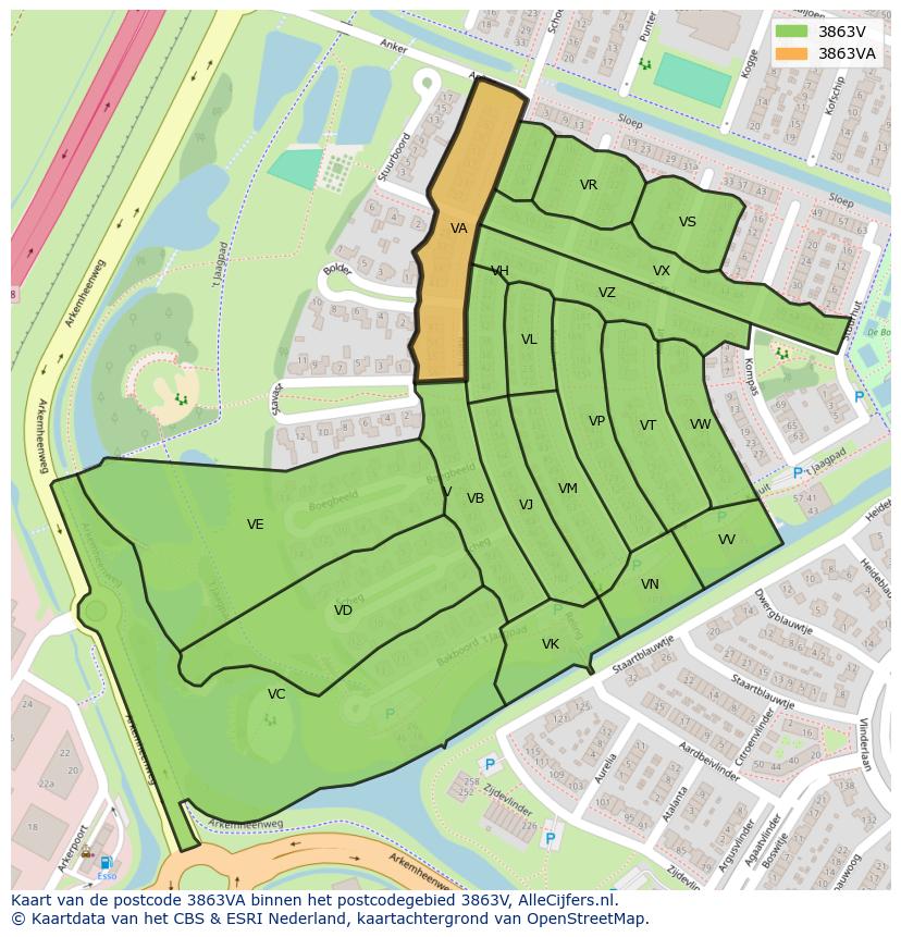Afbeelding van het postcodegebied 3863 VA op de kaart.