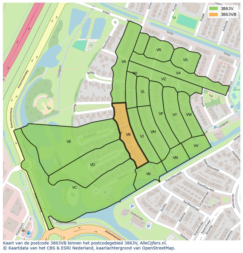 Afbeelding van het postcodegebied 3863 VB op de kaart.