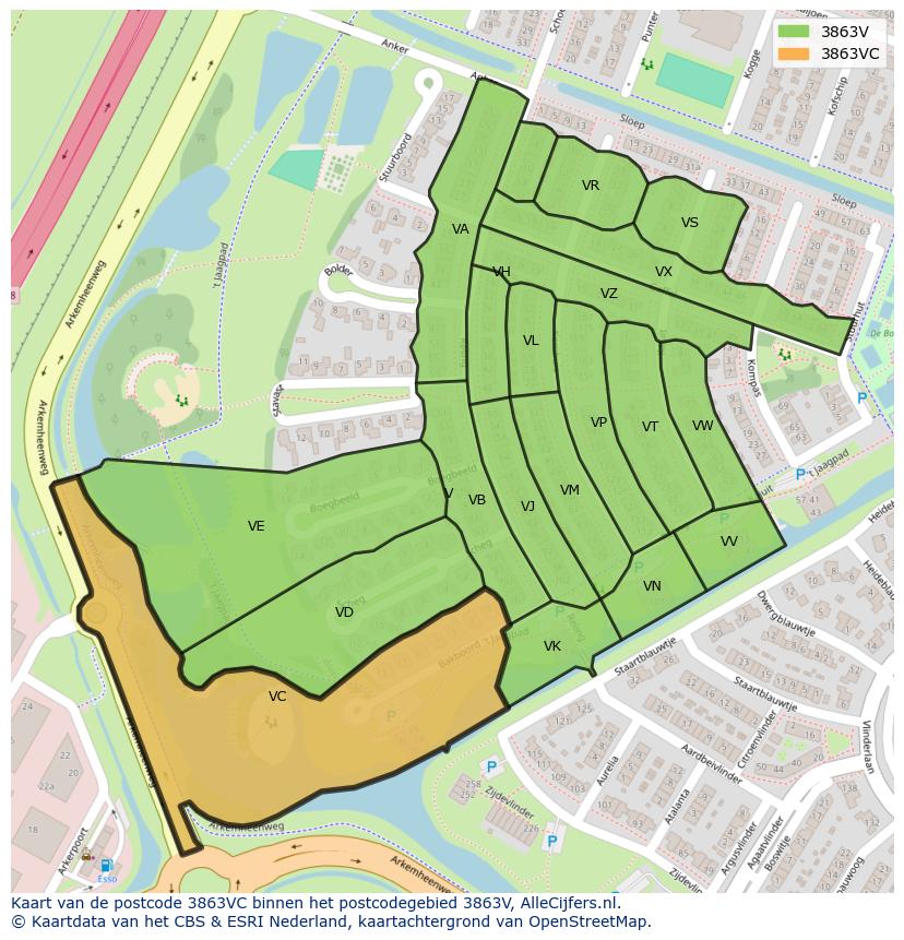 Afbeelding van het postcodegebied 3863 VC op de kaart.