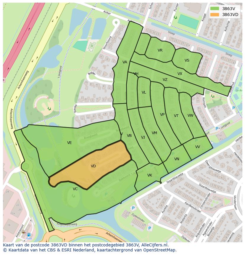 Afbeelding van het postcodegebied 3863 VD op de kaart.