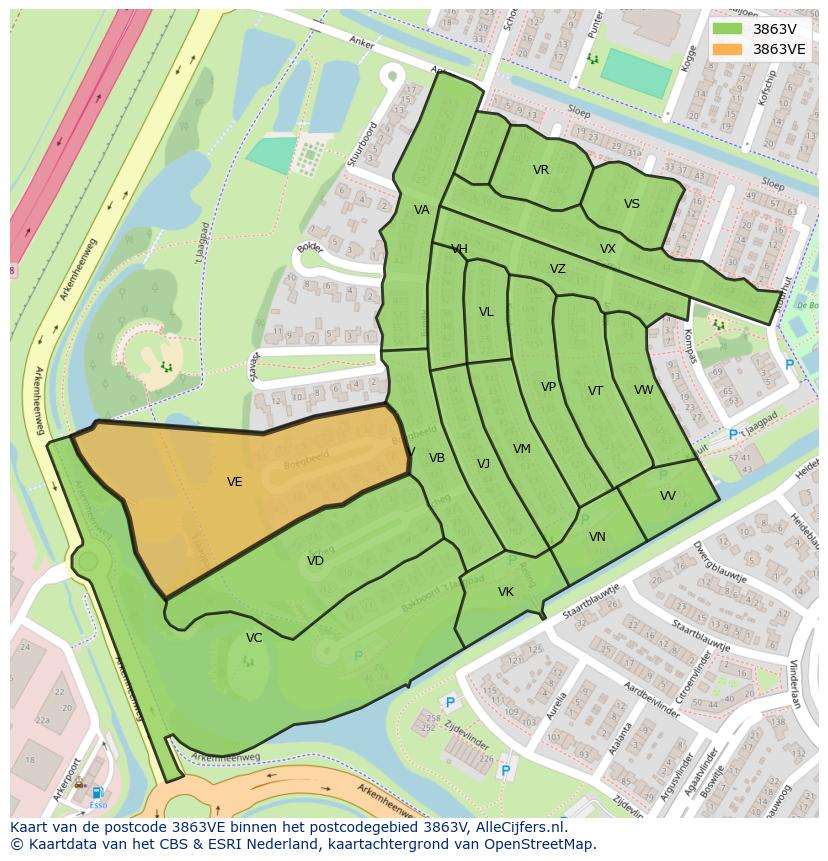 Afbeelding van het postcodegebied 3863 VE op de kaart.