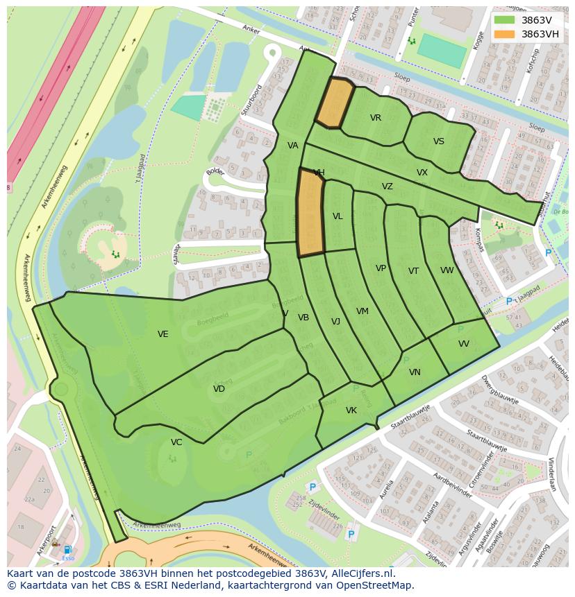 Afbeelding van het postcodegebied 3863 VH op de kaart.
