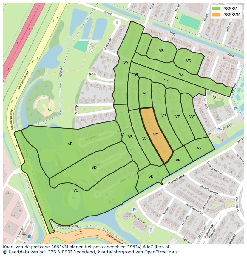 Afbeelding van het postcodegebied 3863 VM op de kaart.