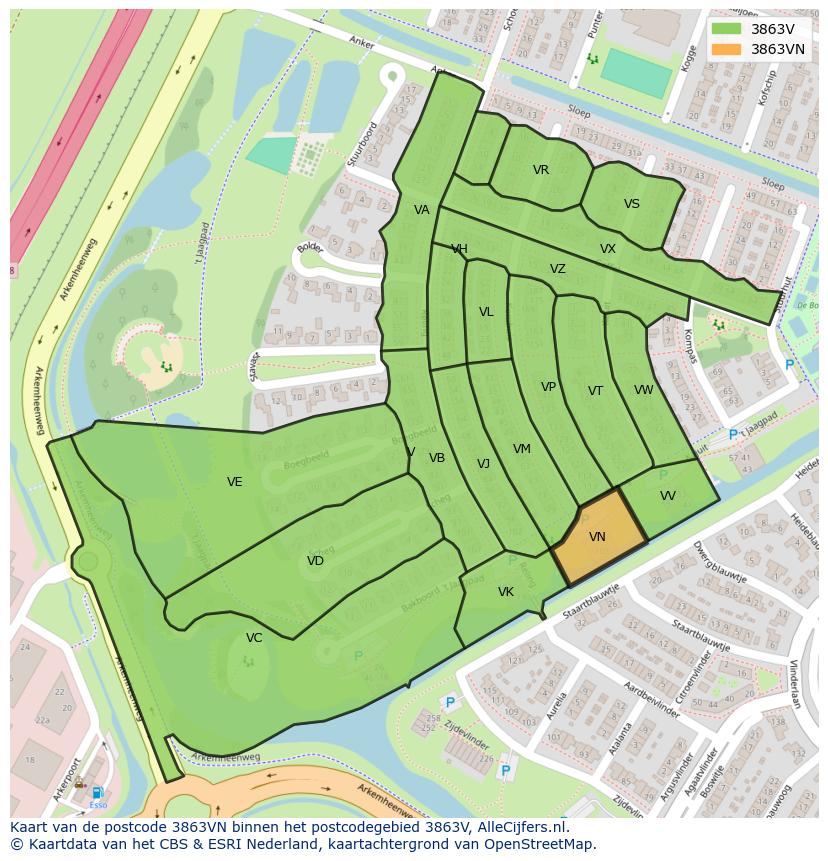 Afbeelding van het postcodegebied 3863 VN op de kaart.