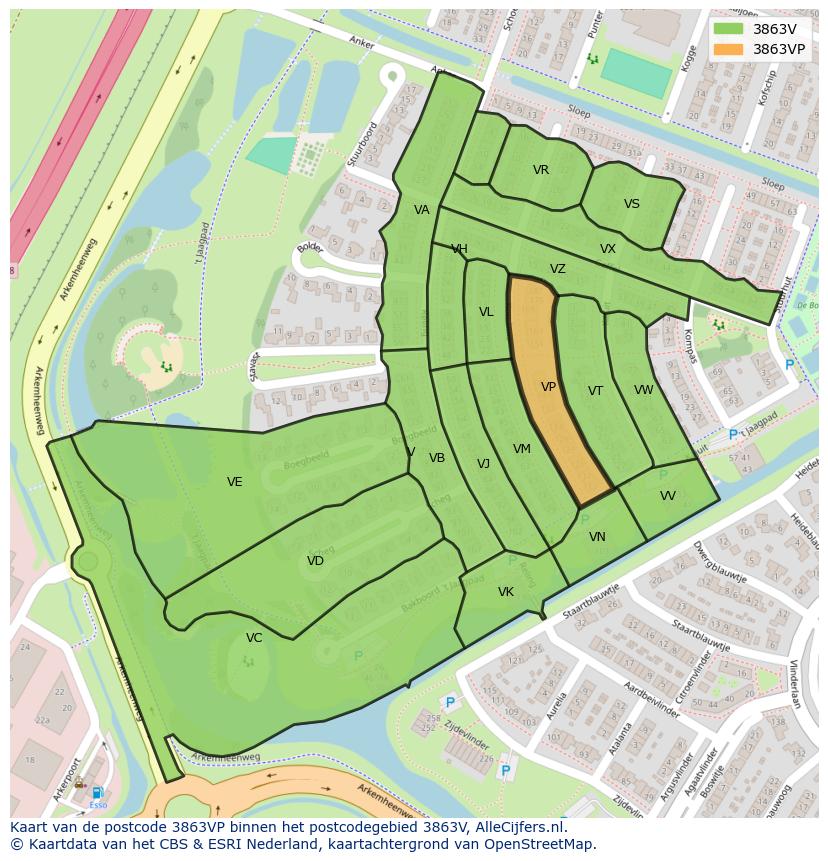Afbeelding van het postcodegebied 3863 VP op de kaart.