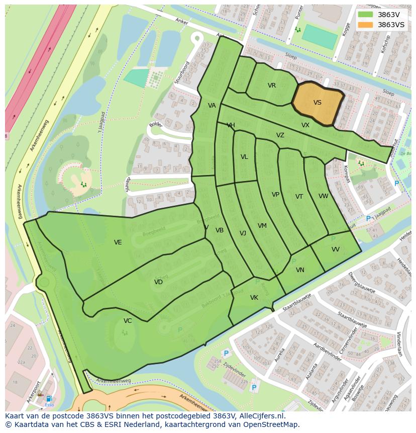 Afbeelding van het postcodegebied 3863 VS op de kaart.