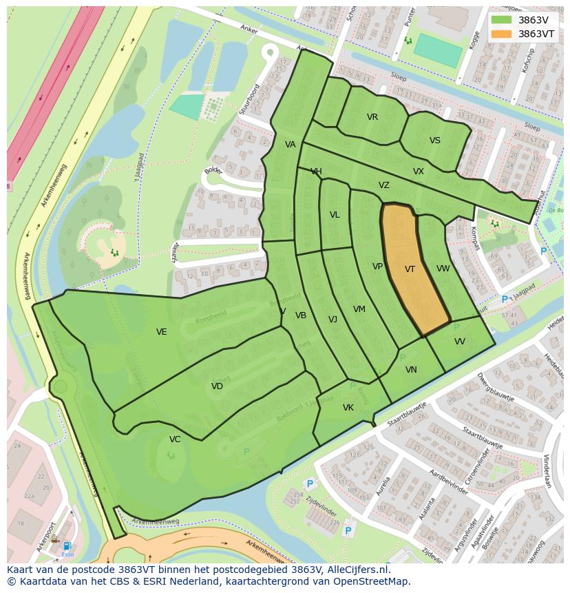 Afbeelding van het postcodegebied 3863 VT op de kaart.