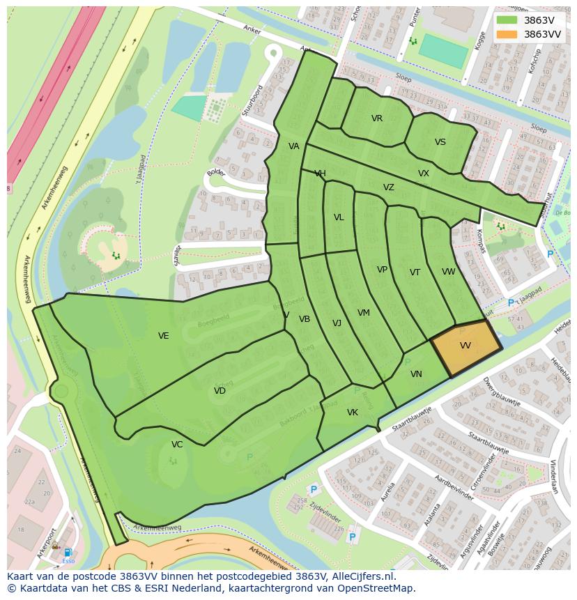 Afbeelding van het postcodegebied 3863 VV op de kaart.