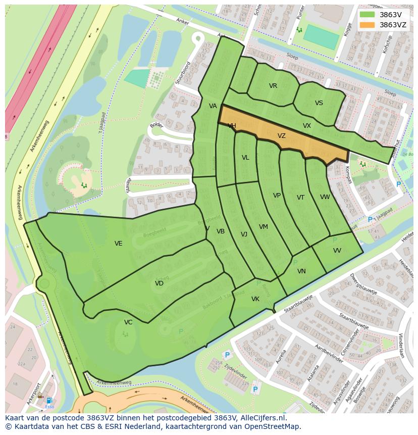 Afbeelding van het postcodegebied 3863 VZ op de kaart.