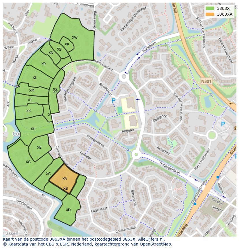 Afbeelding van het postcodegebied 3863 XA op de kaart.