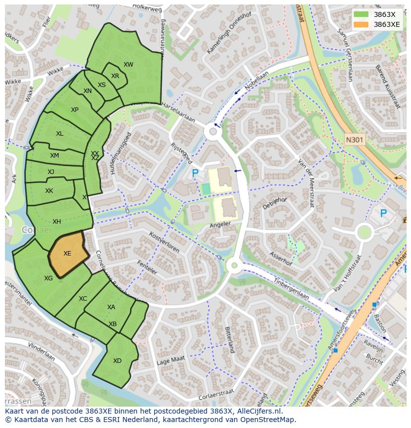Afbeelding van het postcodegebied 3863 XE op de kaart.