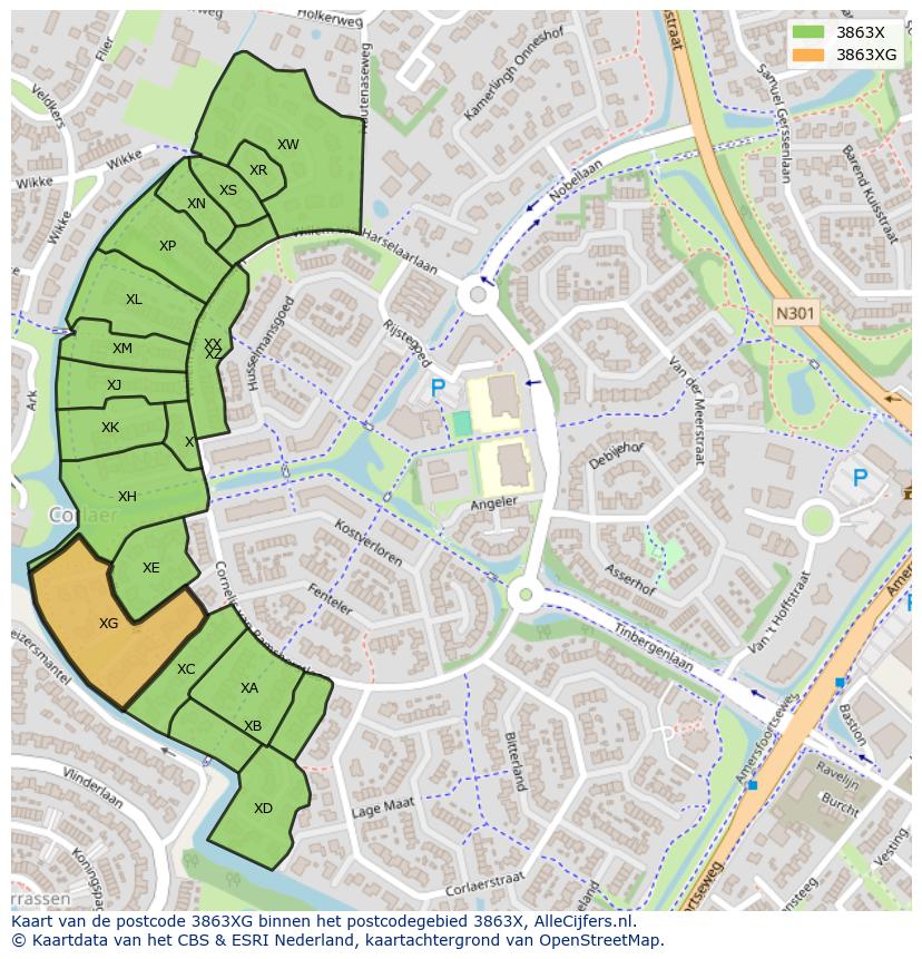 Afbeelding van het postcodegebied 3863 XG op de kaart.