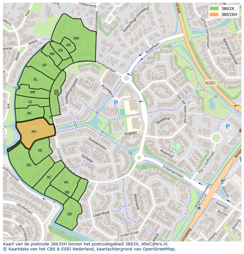 Afbeelding van het postcodegebied 3863 XH op de kaart.