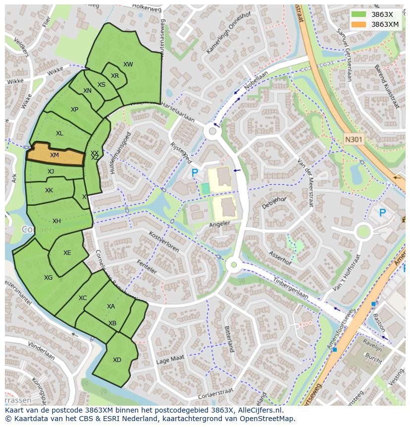 Afbeelding van het postcodegebied 3863 XM op de kaart.