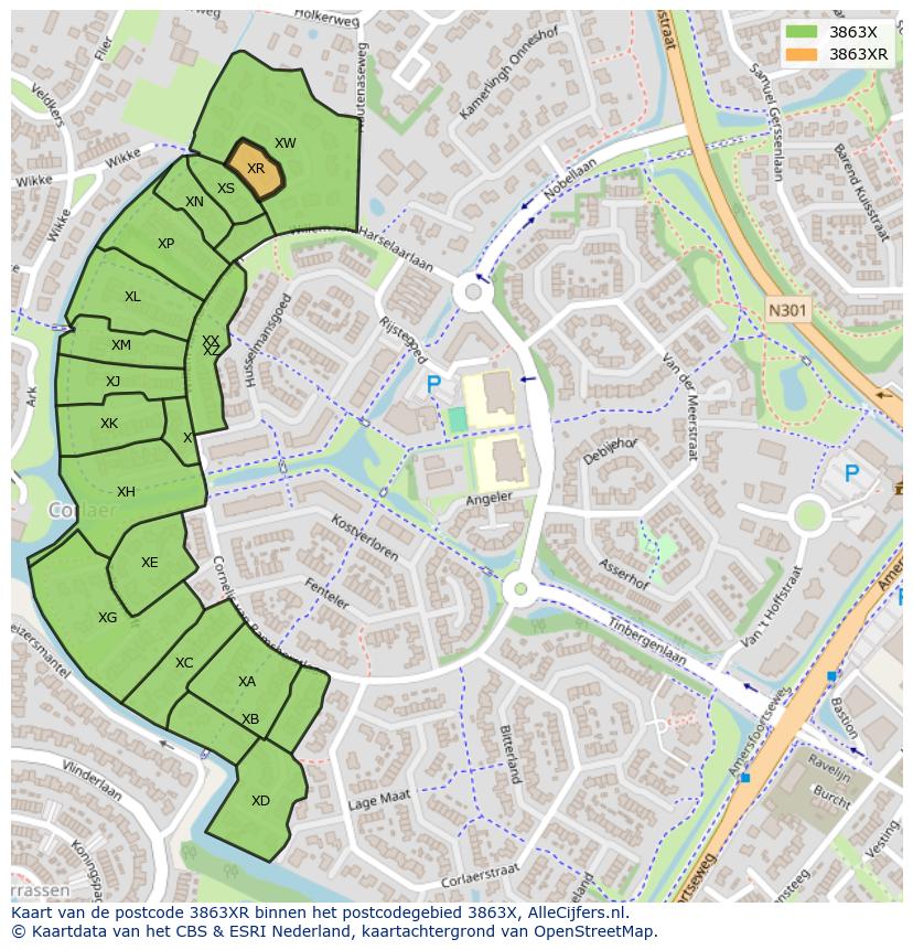 Afbeelding van het postcodegebied 3863 XR op de kaart.