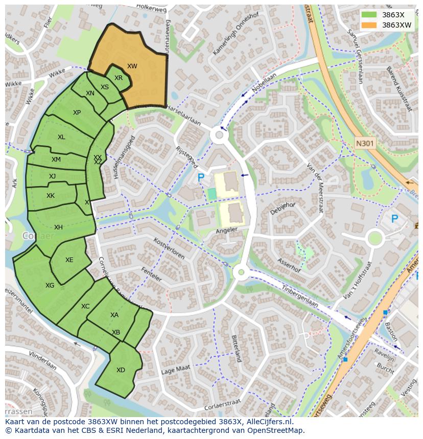 Afbeelding van het postcodegebied 3863 XW op de kaart.