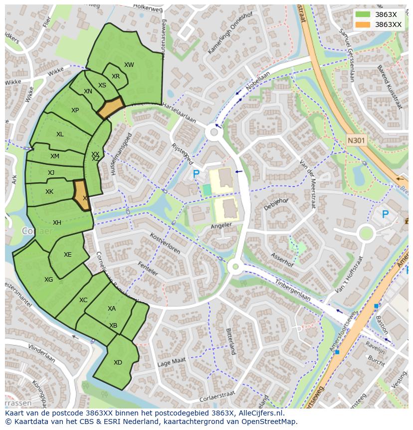 Afbeelding van het postcodegebied 3863 XX op de kaart.