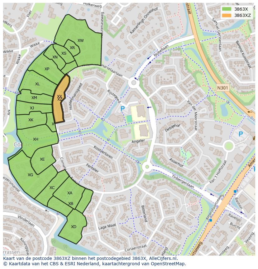 Afbeelding van het postcodegebied 3863 XZ op de kaart.