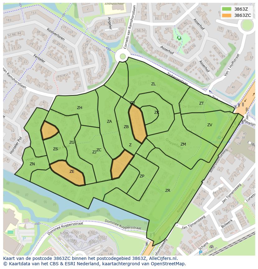 Afbeelding van het postcodegebied 3863 ZC op de kaart.