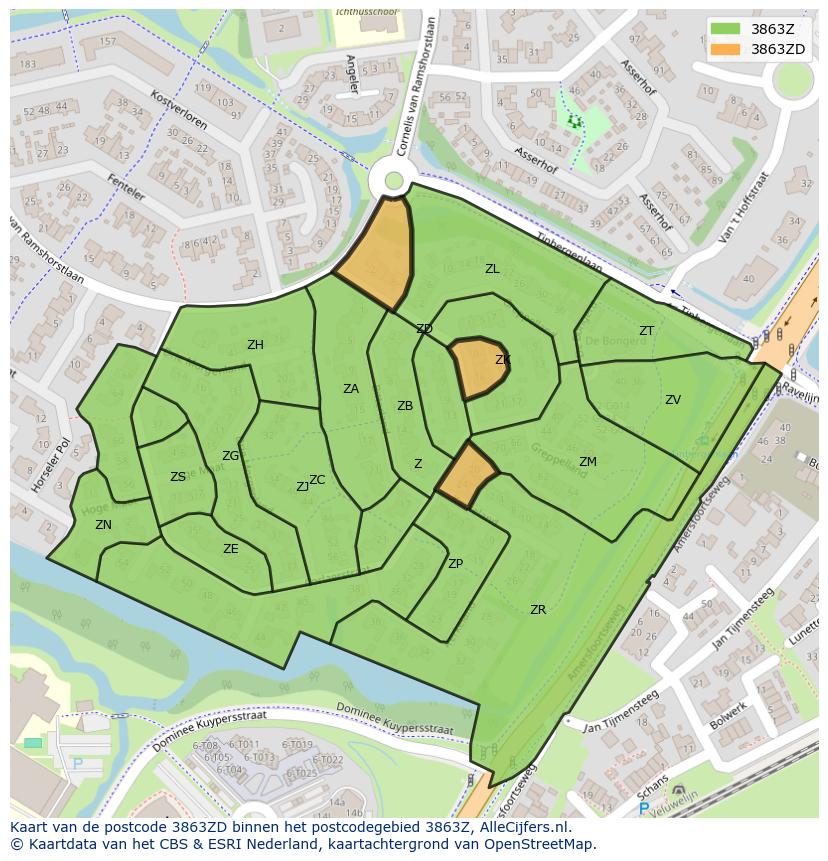 Afbeelding van het postcodegebied 3863 ZD op de kaart.