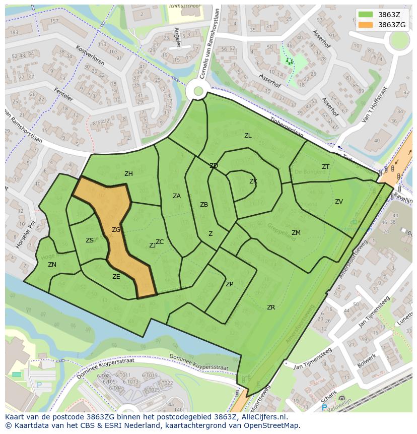 Afbeelding van het postcodegebied 3863 ZG op de kaart.