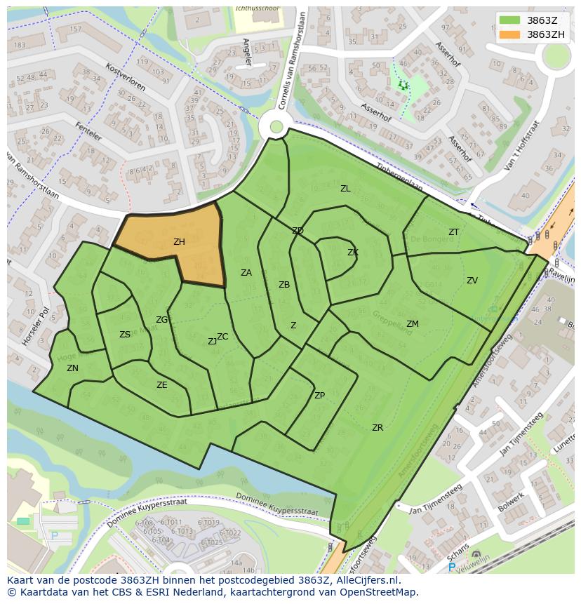 Afbeelding van het postcodegebied 3863 ZH op de kaart.