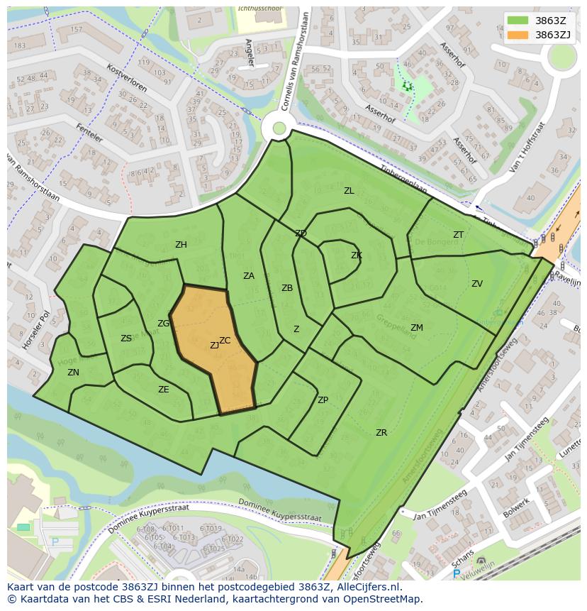 Afbeelding van het postcodegebied 3863 ZJ op de kaart.