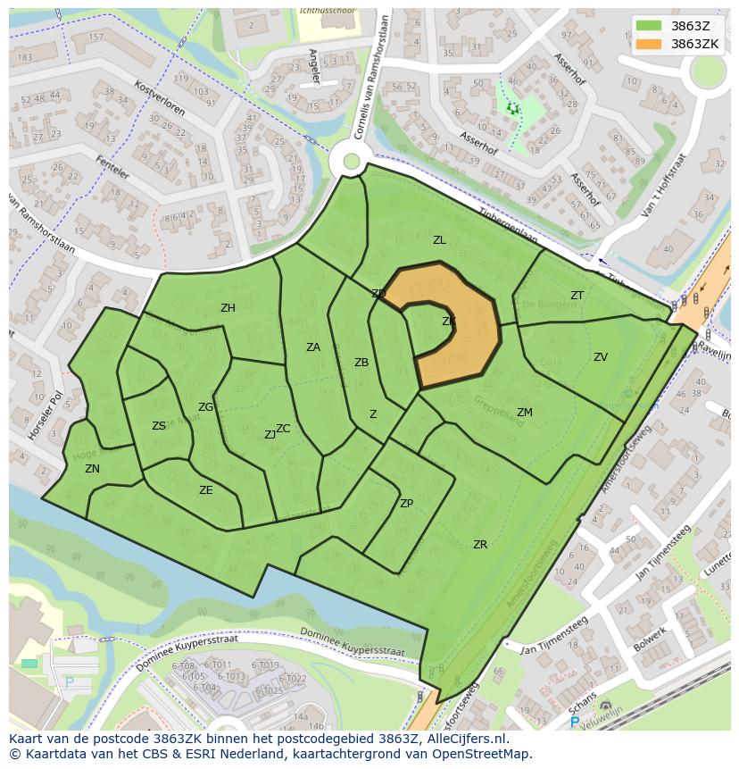 Afbeelding van het postcodegebied 3863 ZK op de kaart.