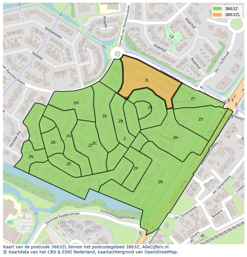 Afbeelding van het postcodegebied 3863 ZL op de kaart.