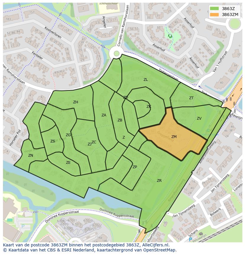 Afbeelding van het postcodegebied 3863 ZM op de kaart.
