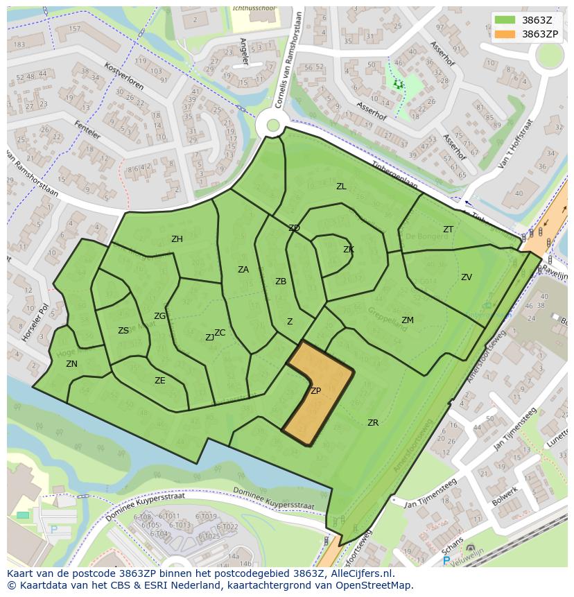 Afbeelding van het postcodegebied 3863 ZP op de kaart.