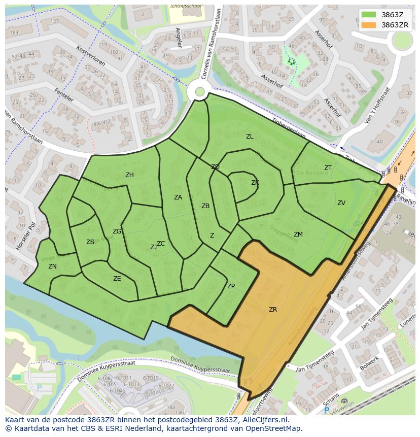Afbeelding van het postcodegebied 3863 ZR op de kaart.