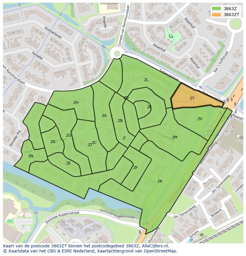 Afbeelding van het postcodegebied 3863 ZT op de kaart.