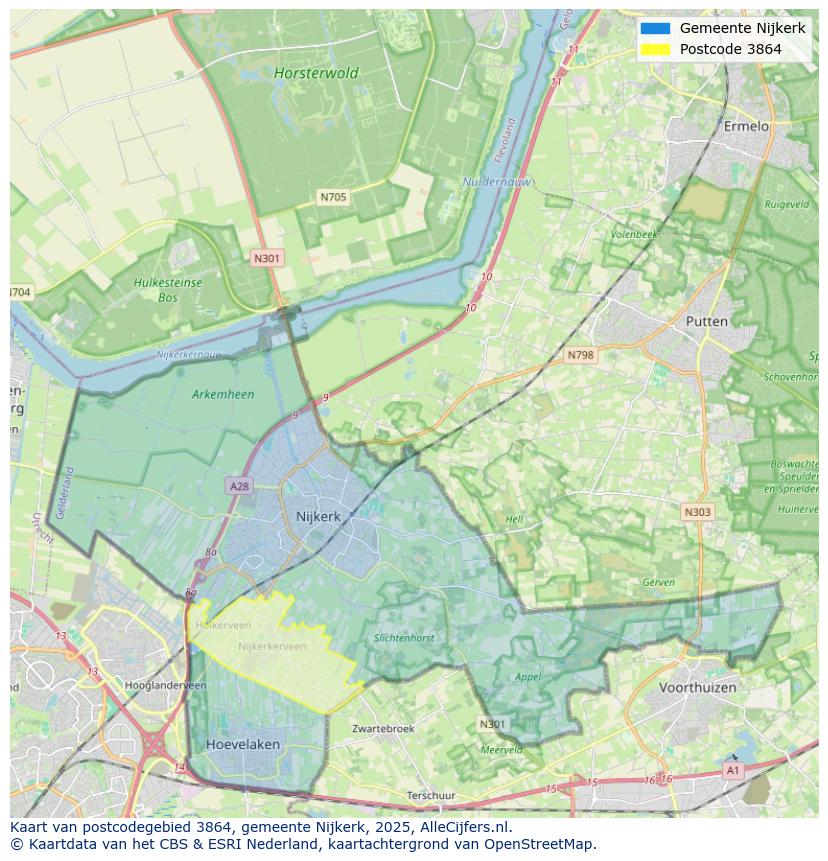 Afbeelding van het postcodegebied 3864 op de kaart.