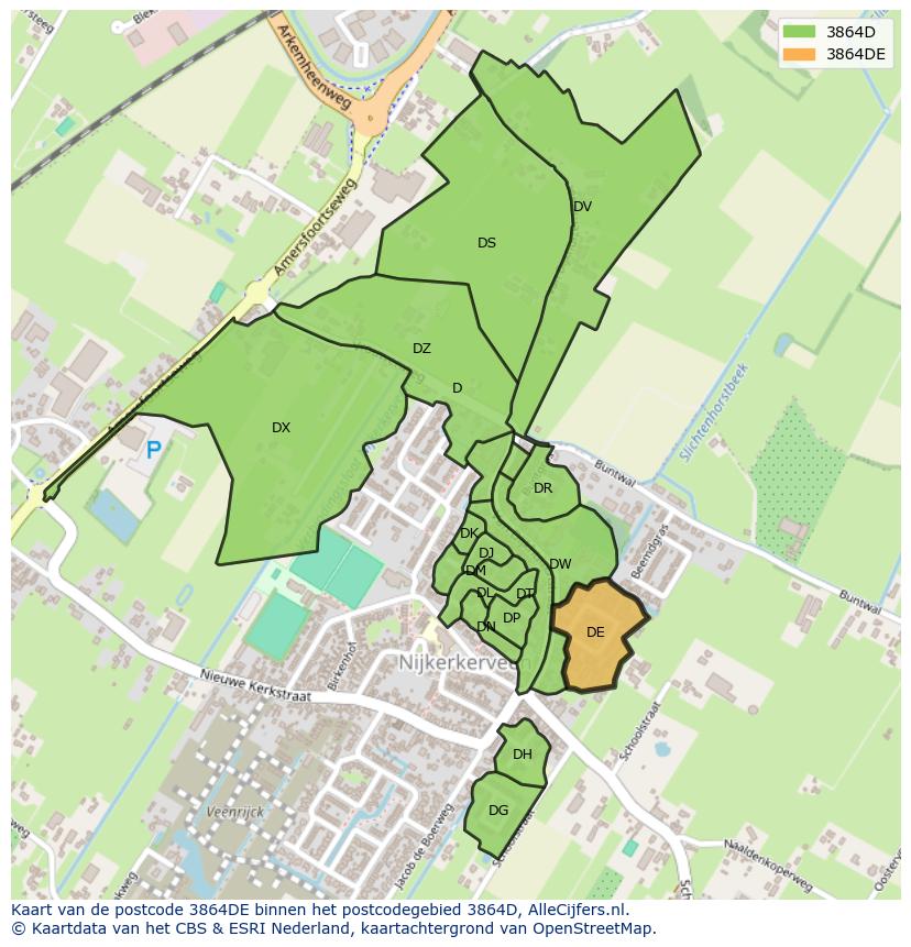 Afbeelding van het postcodegebied 3864 DE op de kaart.