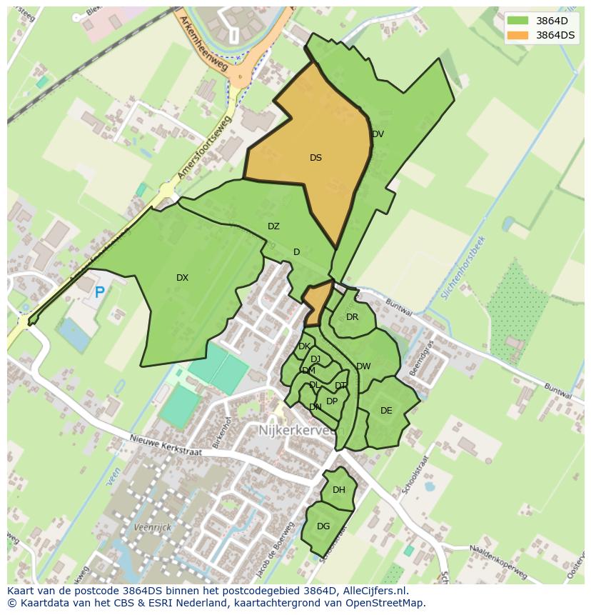 Afbeelding van het postcodegebied 3864 DS op de kaart.