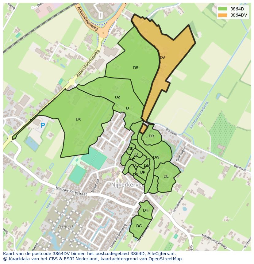 Afbeelding van het postcodegebied 3864 DV op de kaart.