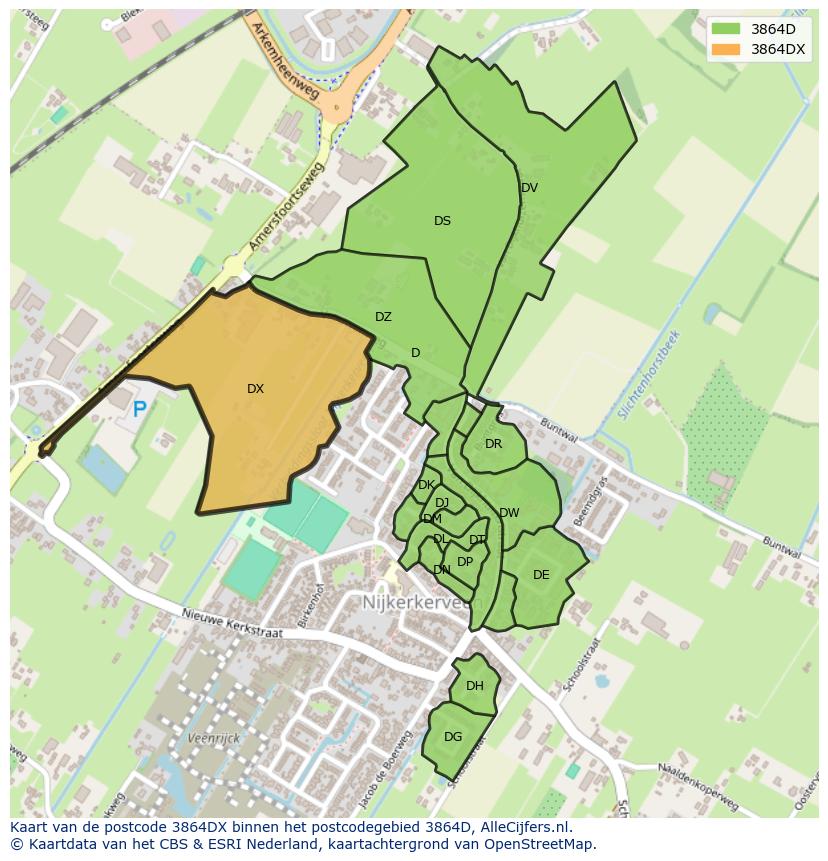 Afbeelding van het postcodegebied 3864 DX op de kaart.