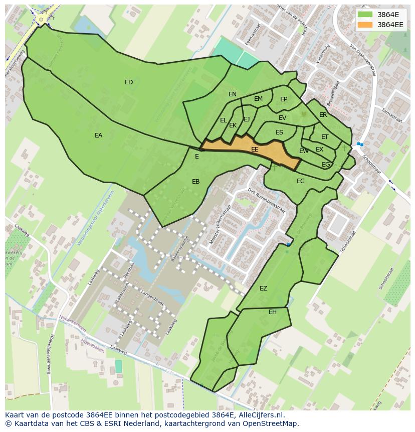 Afbeelding van het postcodegebied 3864 EE op de kaart.