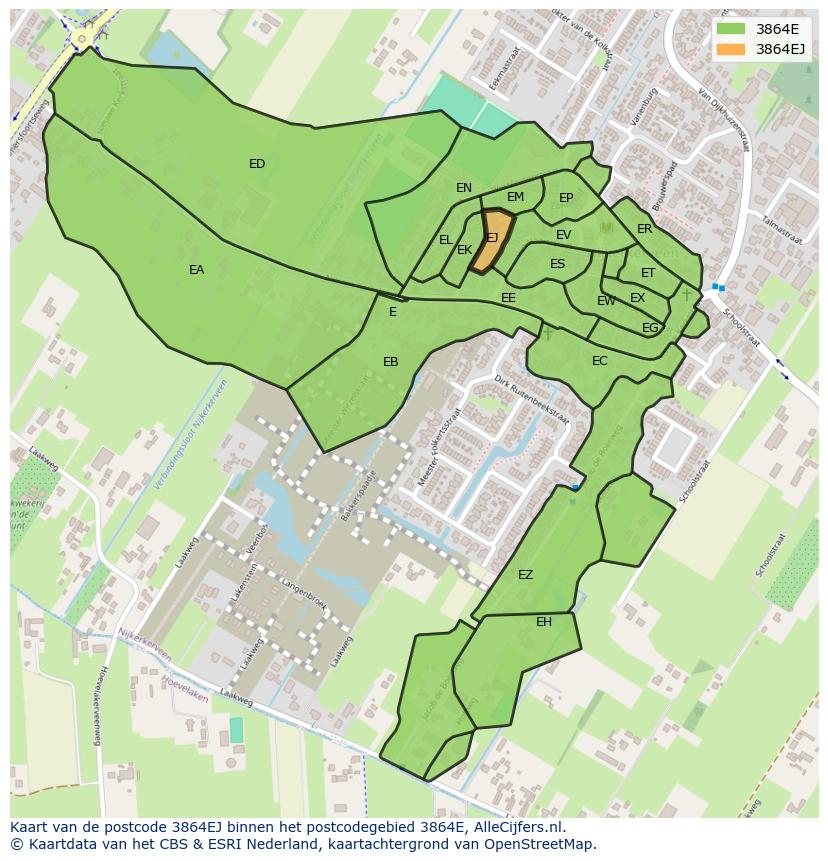 Afbeelding van het postcodegebied 3864 EJ op de kaart.