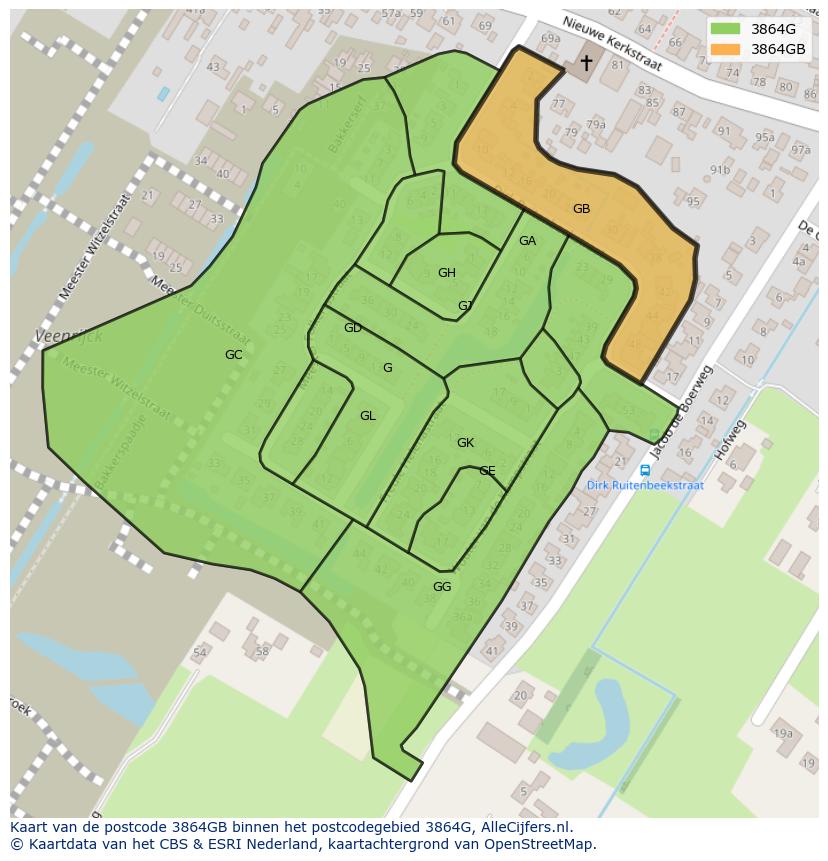 Afbeelding van het postcodegebied 3864 GB op de kaart.