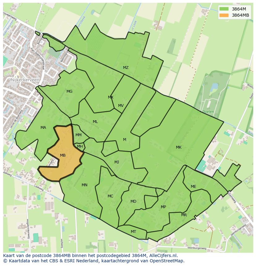Afbeelding van het postcodegebied 3864 MB op de kaart.