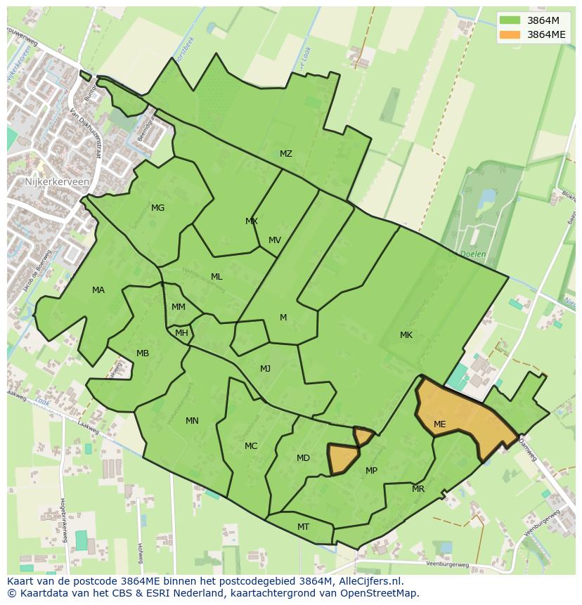 Afbeelding van het postcodegebied 3864 ME op de kaart.