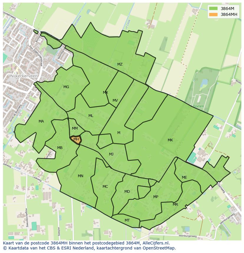 Afbeelding van het postcodegebied 3864 MH op de kaart.