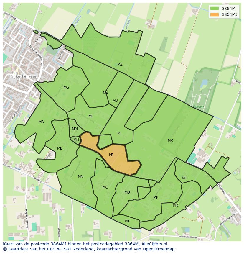 Afbeelding van het postcodegebied 3864 MJ op de kaart.