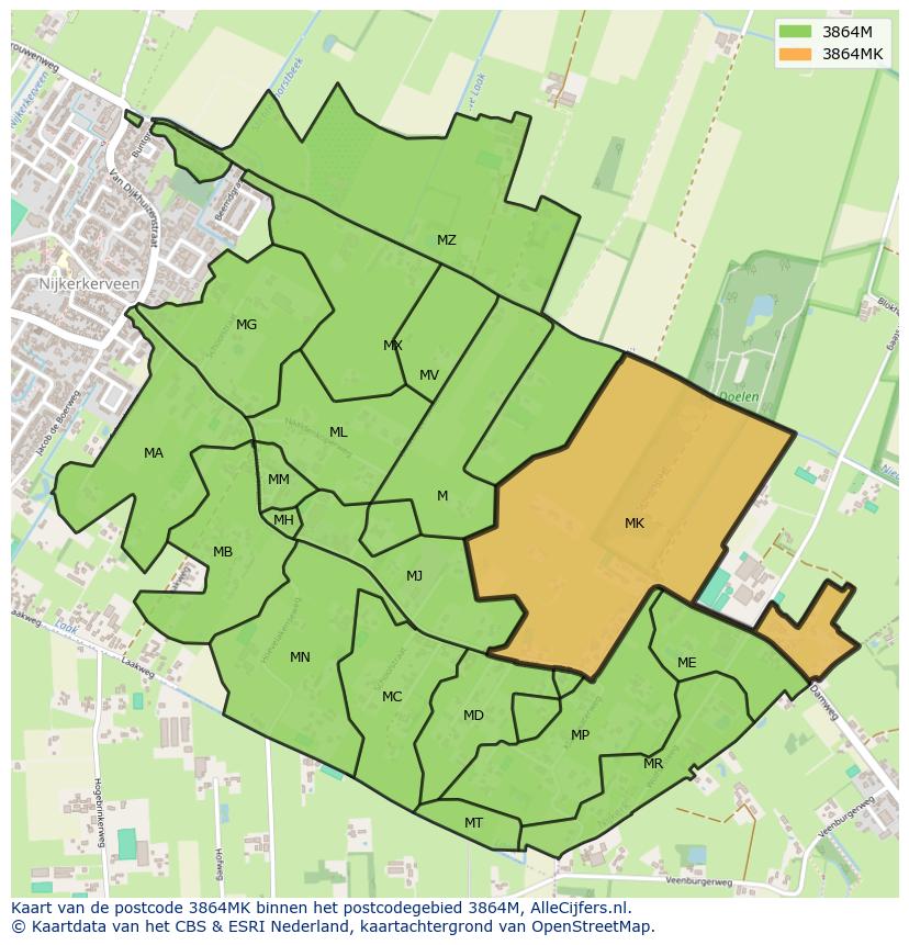 Afbeelding van het postcodegebied 3864 MK op de kaart.