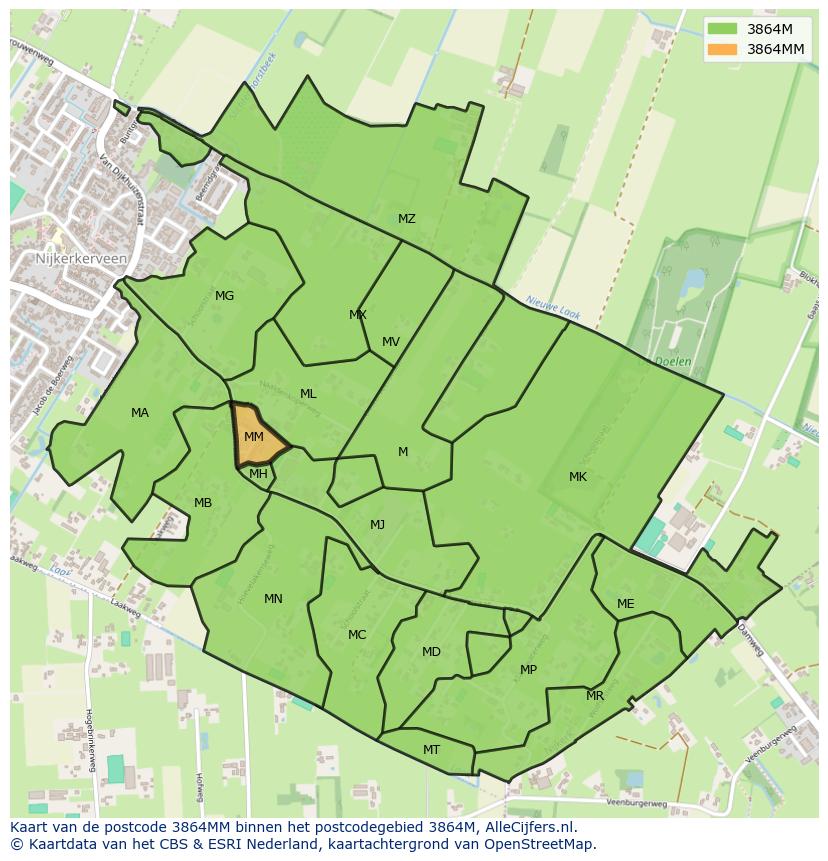 Afbeelding van het postcodegebied 3864 MM op de kaart.